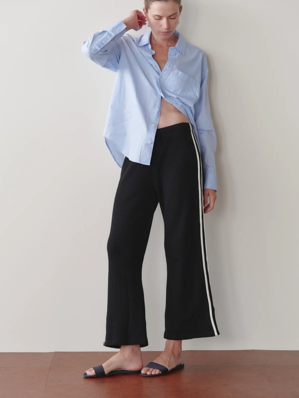 Donni The Thermal Crop Stripe Pant In Jet 100% Cotton